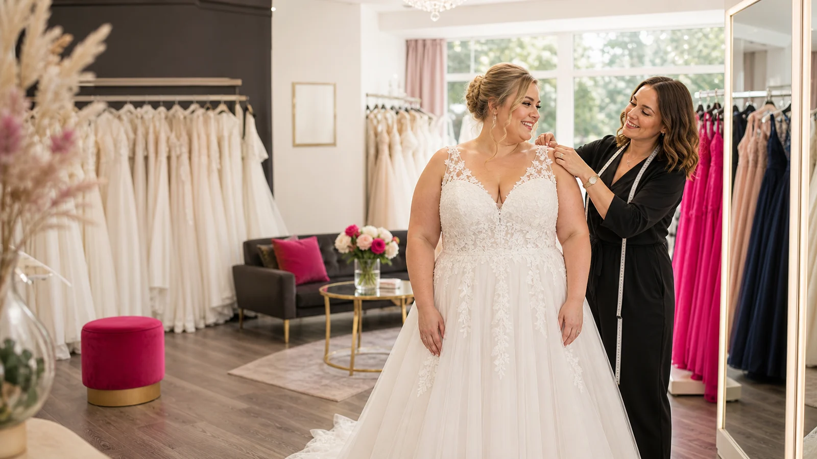 KI-generiertes Hero-Bild: Plus-Size Brautkleid-Anprobe mit Passformberatung im Dressman Mode Stil